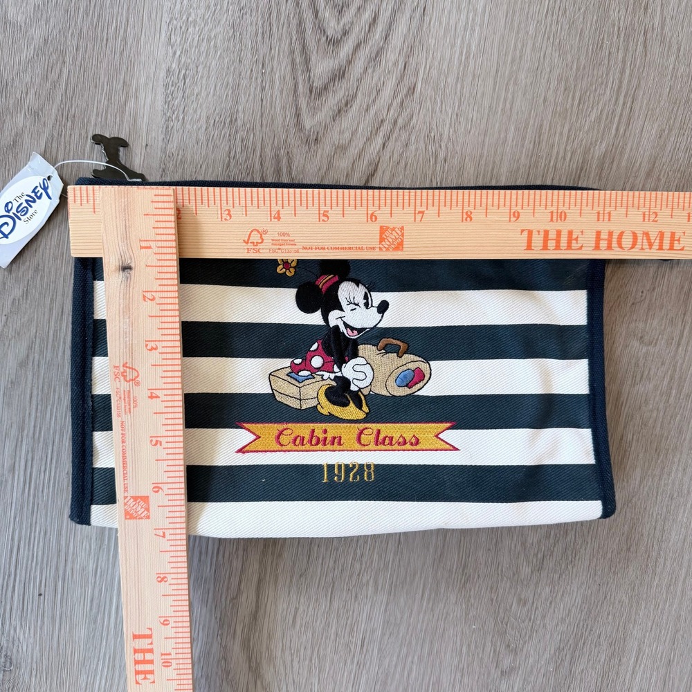 Disney Store Cabin Class Minnie Mouse 1928 Striped Cosmetic Bag Navy White NWT - Picture 6 of 6